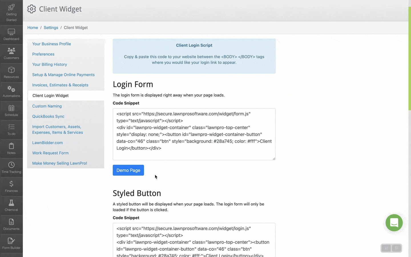 Client Login Widget LawnPro Software Help