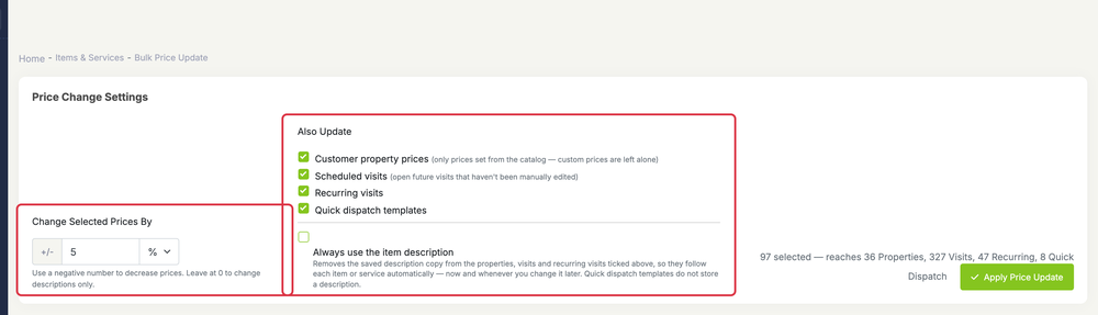 Bulk Price Update for Items & Services: bulk price all settings