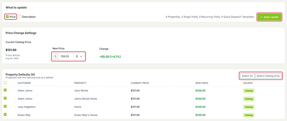 Bulk Price Update for Items & Services: bulk price item
