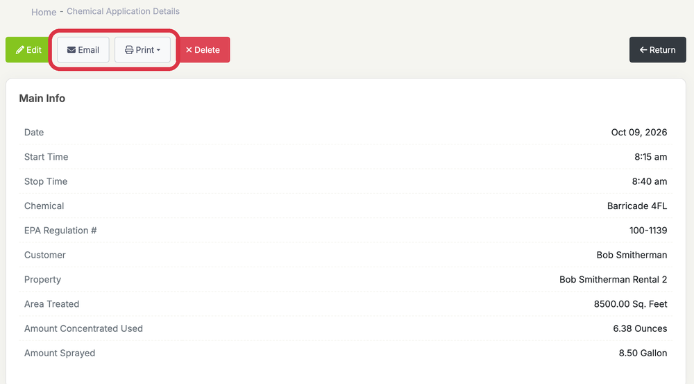 Chemical Application Details page with the Email and Print buttons