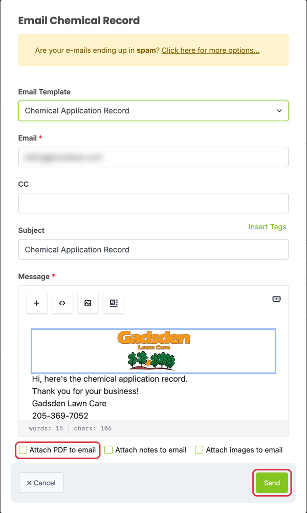 Email Chemical Record window with the Attach PDF to email checkbox and Send button