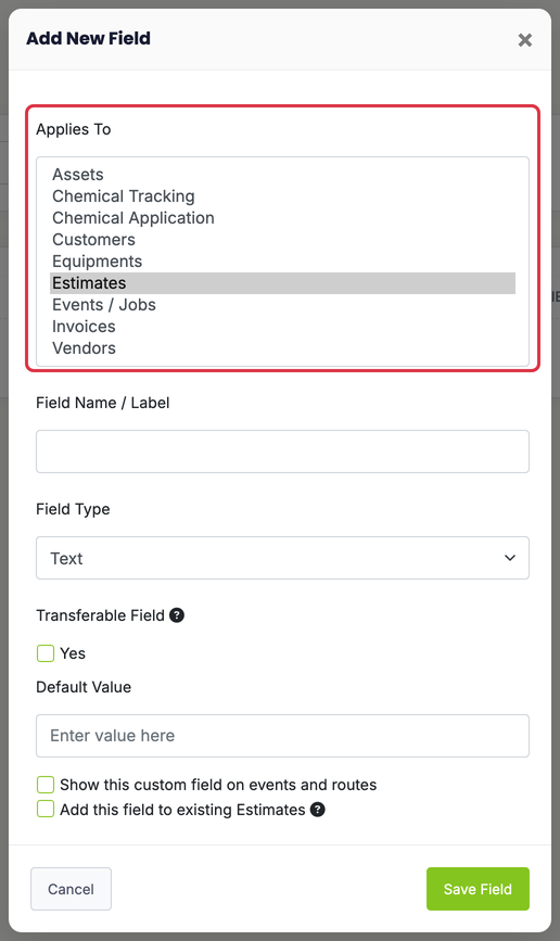 Custom Fields: custom fields modal applies to