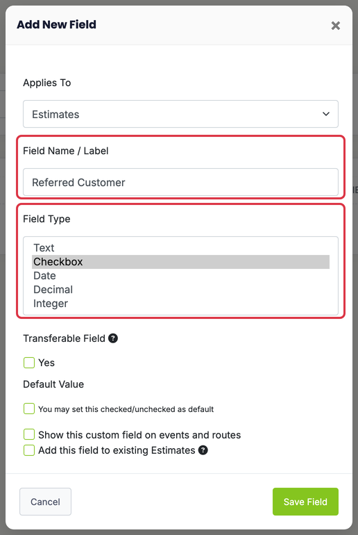 Custom Fields: custom fields modal name type