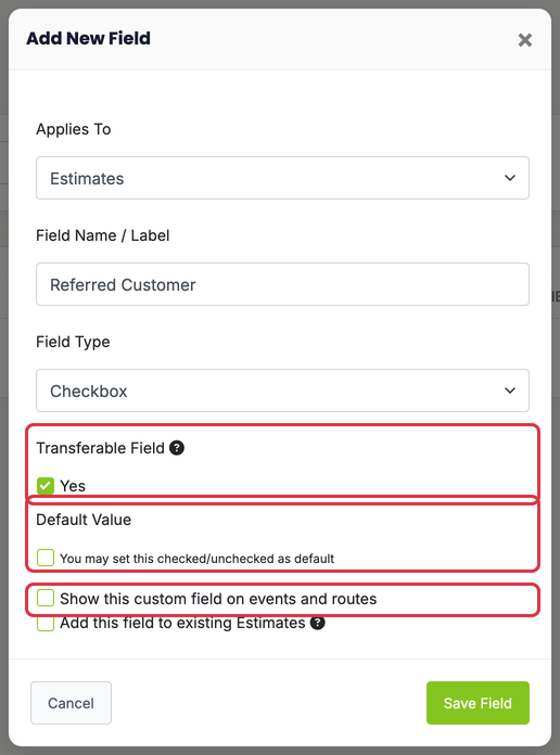 Custom Fields: custom fields modal options