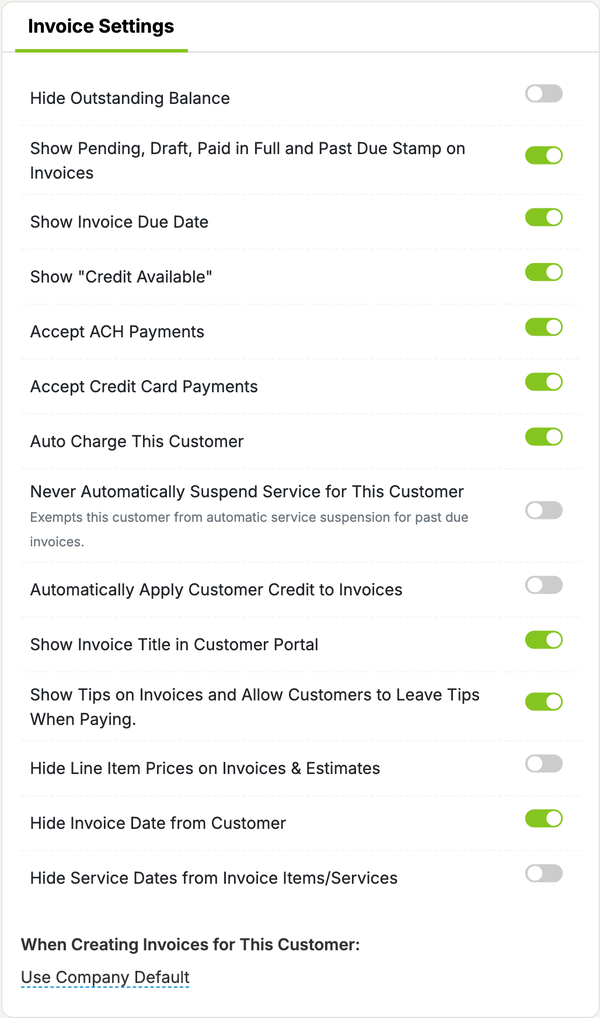 Invoice Settings card on a customer page