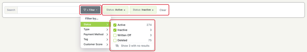 Customer Filters: customers filter menu