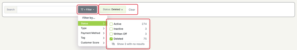 Delete or Restore a Customer: customers filter status deleted
