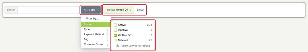Write Off Customer With Balance Remaining: customers filter status writtenoff