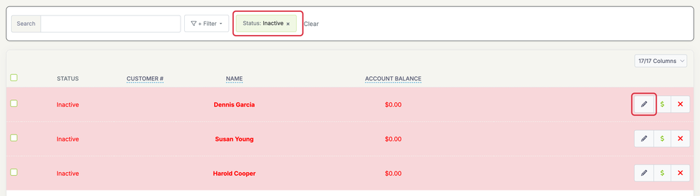 Change Customer Status: customers list inactive pencil