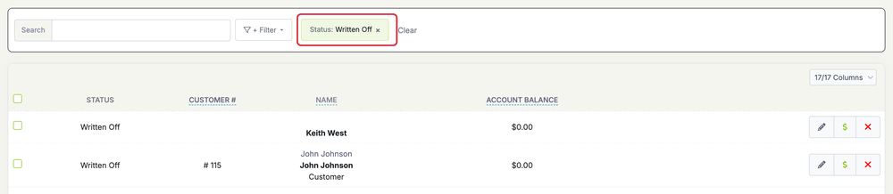 Write Off Customer With Balance Remaining: customers list writtenoff