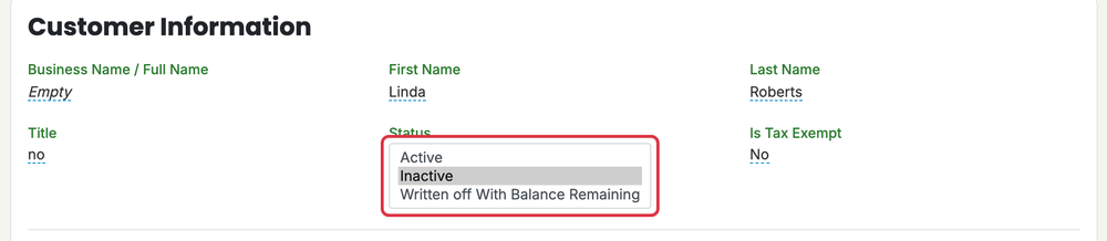 Change Customer Status: customers status select inactive