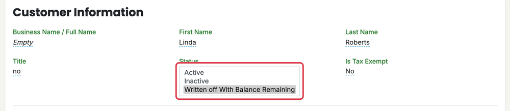 Write Off Customer With Balance Remaining: customers status select writeoff