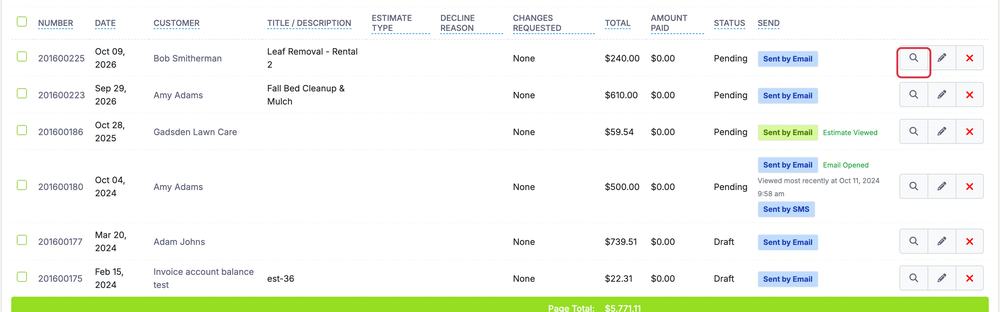 Creating an Invoice: create estimate list