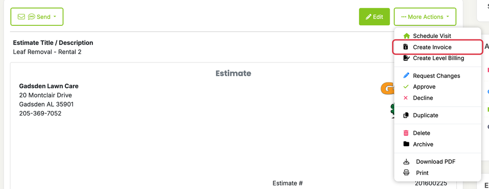 Creating an Invoice: create estimate menu