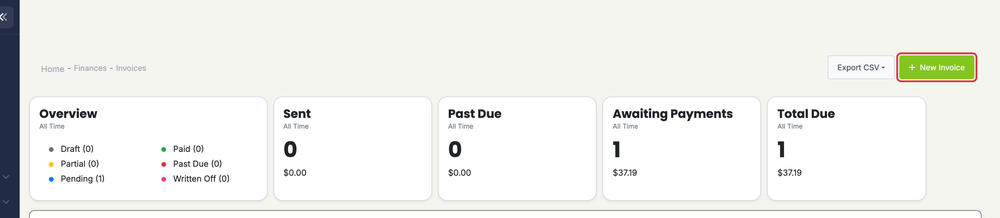 Creating an Invoice: create new button
