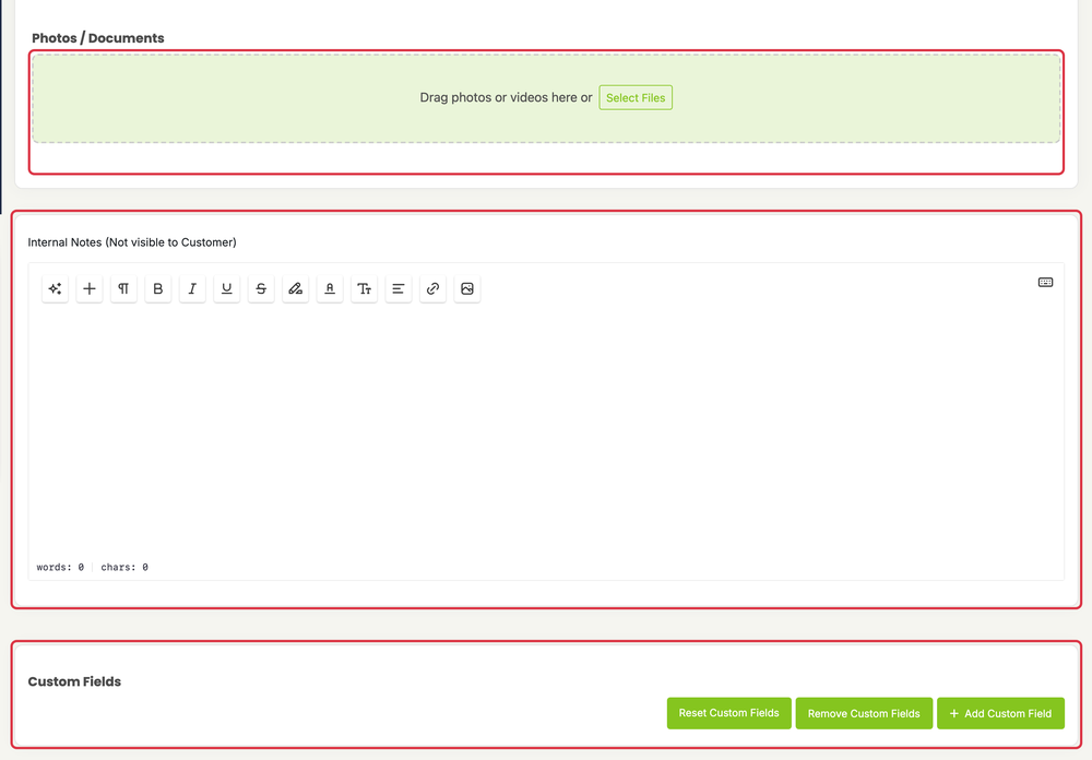 Creating an Invoice: create photos notes fields