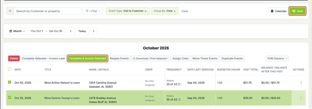 Creating an Invoice: create schedule grid