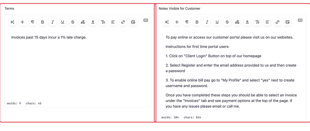 Creating an Invoice: create terms notes
