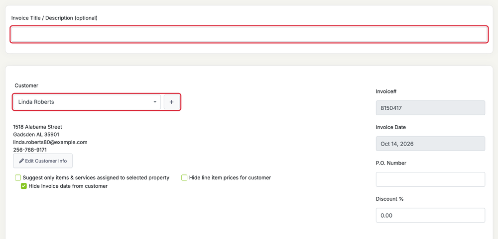 Creating an Invoice: create title customer