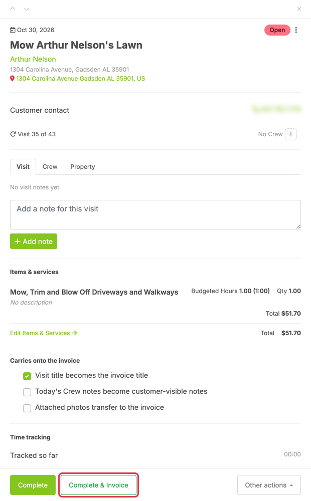 Creating an Invoice: create visit panel