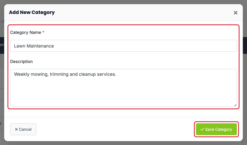 Add or Edit an Item or Service: items add category modal