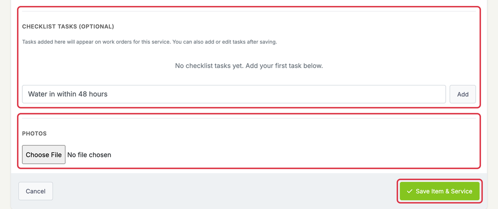 Add or Edit an Item or Service: items add checklist save