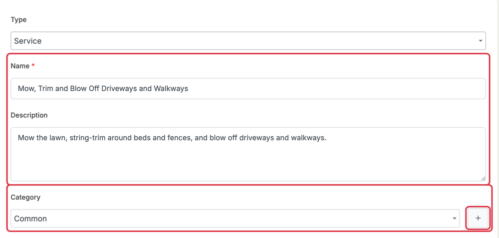 Add or Edit an Item or Service: items add name category