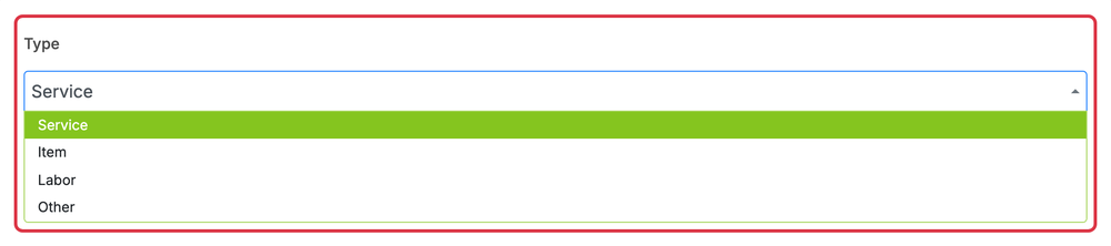 Add or Edit an Item or Service: items add type