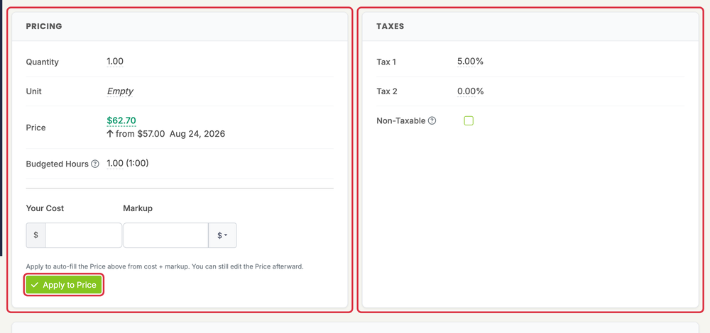 Add or Edit an Item or Service: items edit pricing taxes