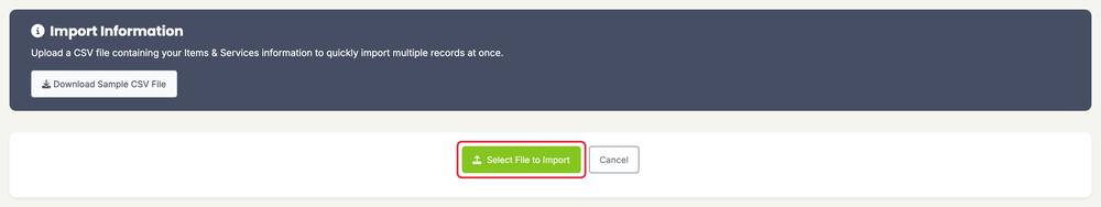 Add or Edit an Item or Service: items import select file