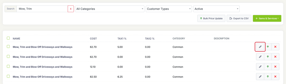 Add or Edit an Item or Service: items list edit pencil
