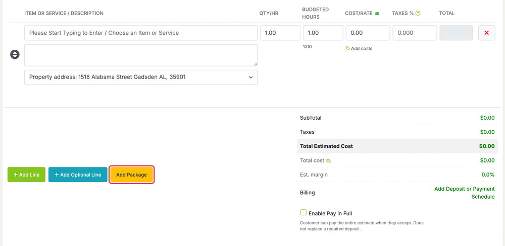 Packages of Items and Services: packages estimate add package