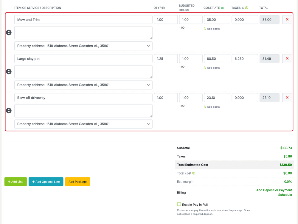 Packages of Items and Services: packages estimate lines