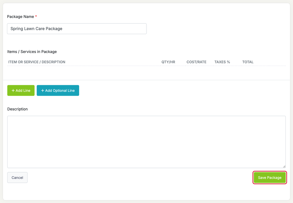 Packages of Items and Services: packages form save