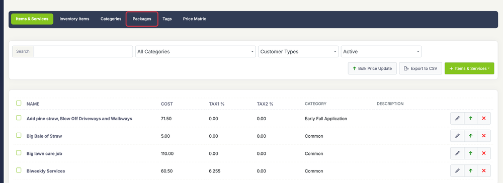 Packages of Items and Services: packages tab