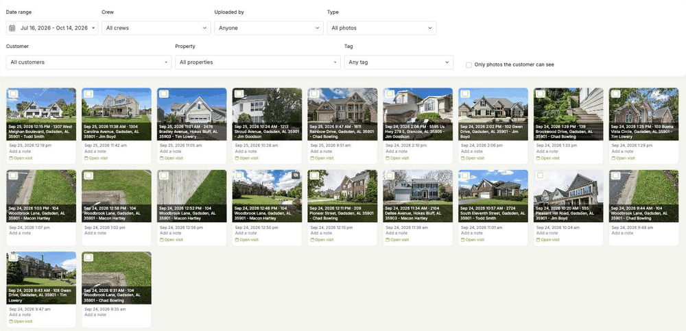 The LawnPro Photos page with filters and a grid of visit photos