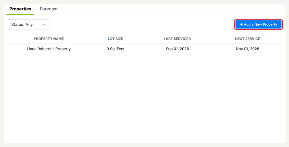 Add a Property for a Customer: properties customer add button