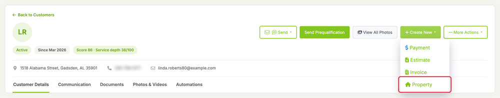 Add a Property for a Customer: properties customer create new menu