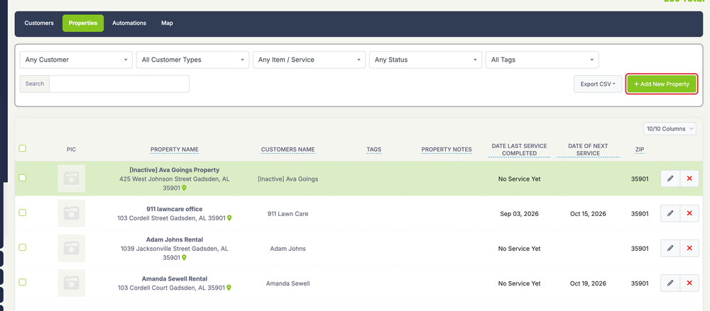Add a Property for a Customer: properties list add button