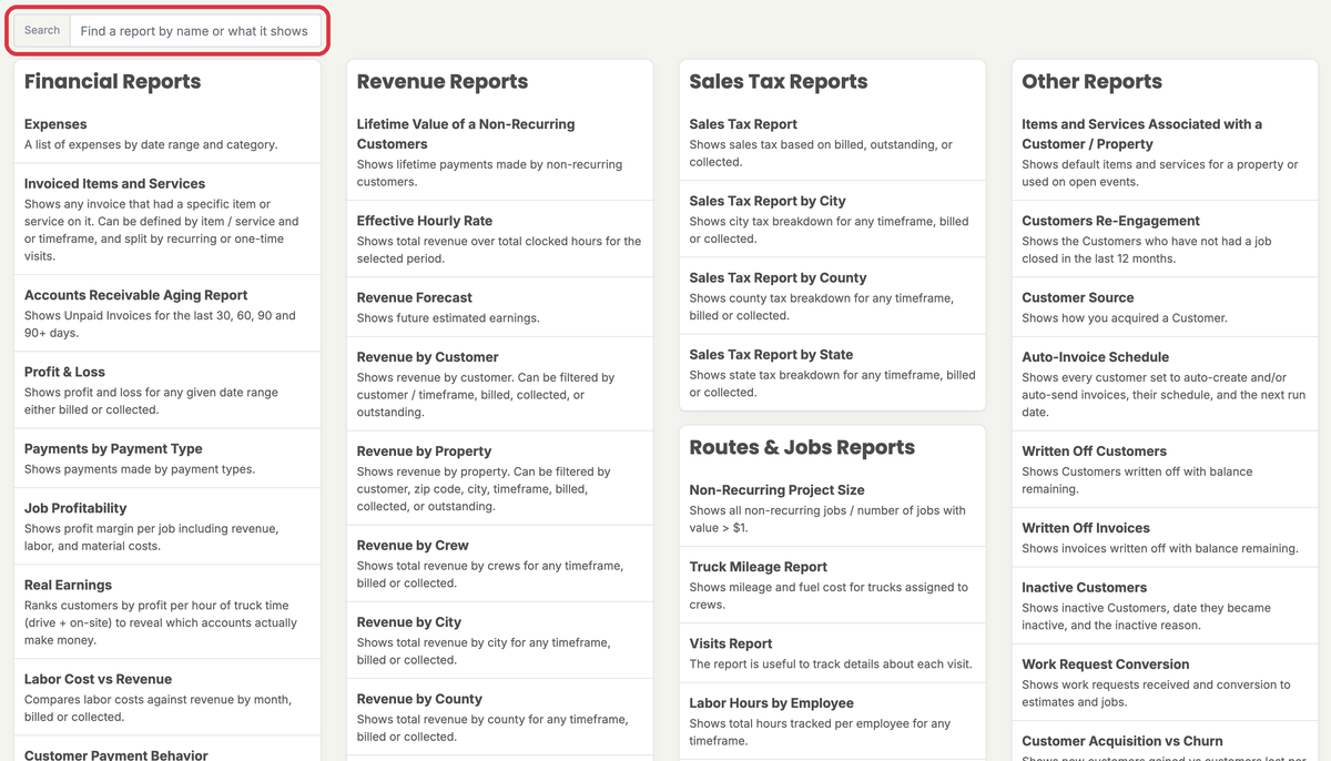 Reports page with the Search box and report groups