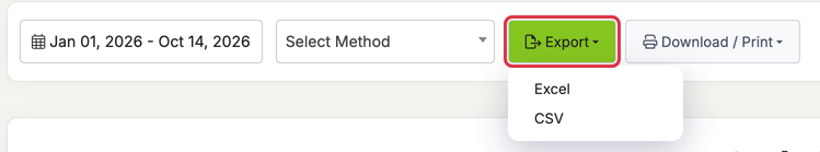 Export menu on the Payments by Payment Type report