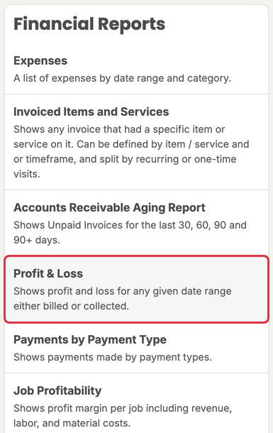 Profit & Loss on the Reports page