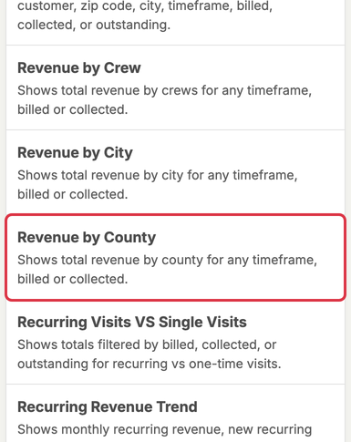 Revenue by County on the Reports page