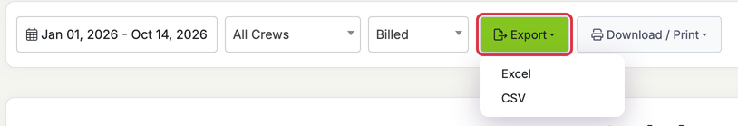 Export menu on the Revenue by Crew report