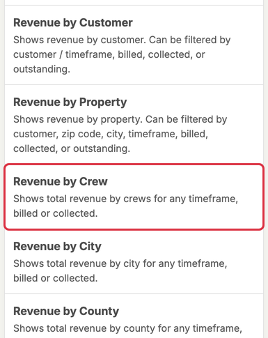 Revenue by Crew on the Reports page