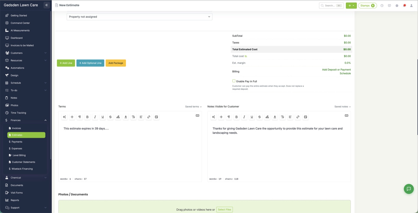 The Saved terms link above the Terms box on an estimate