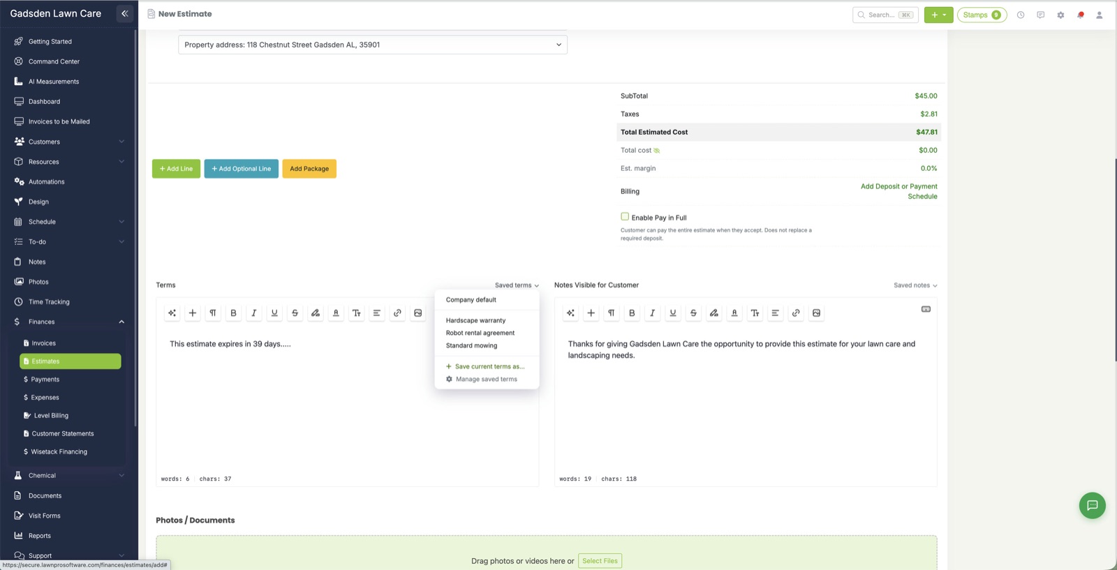 The Saved terms menu with Company default and saved entries