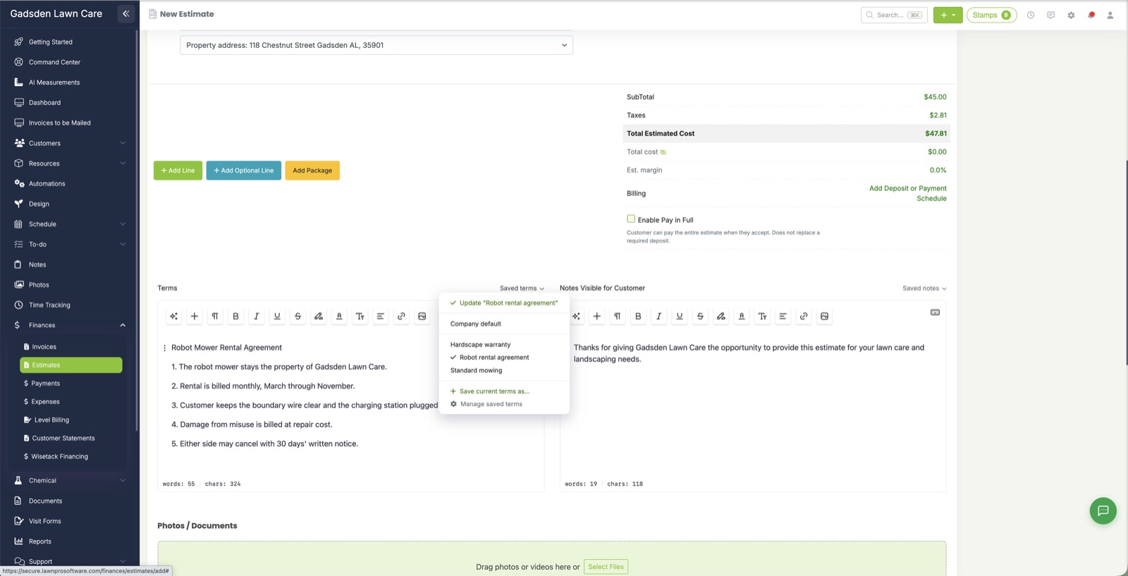 Update Robot rental agreement at the top of the Saved terms menu