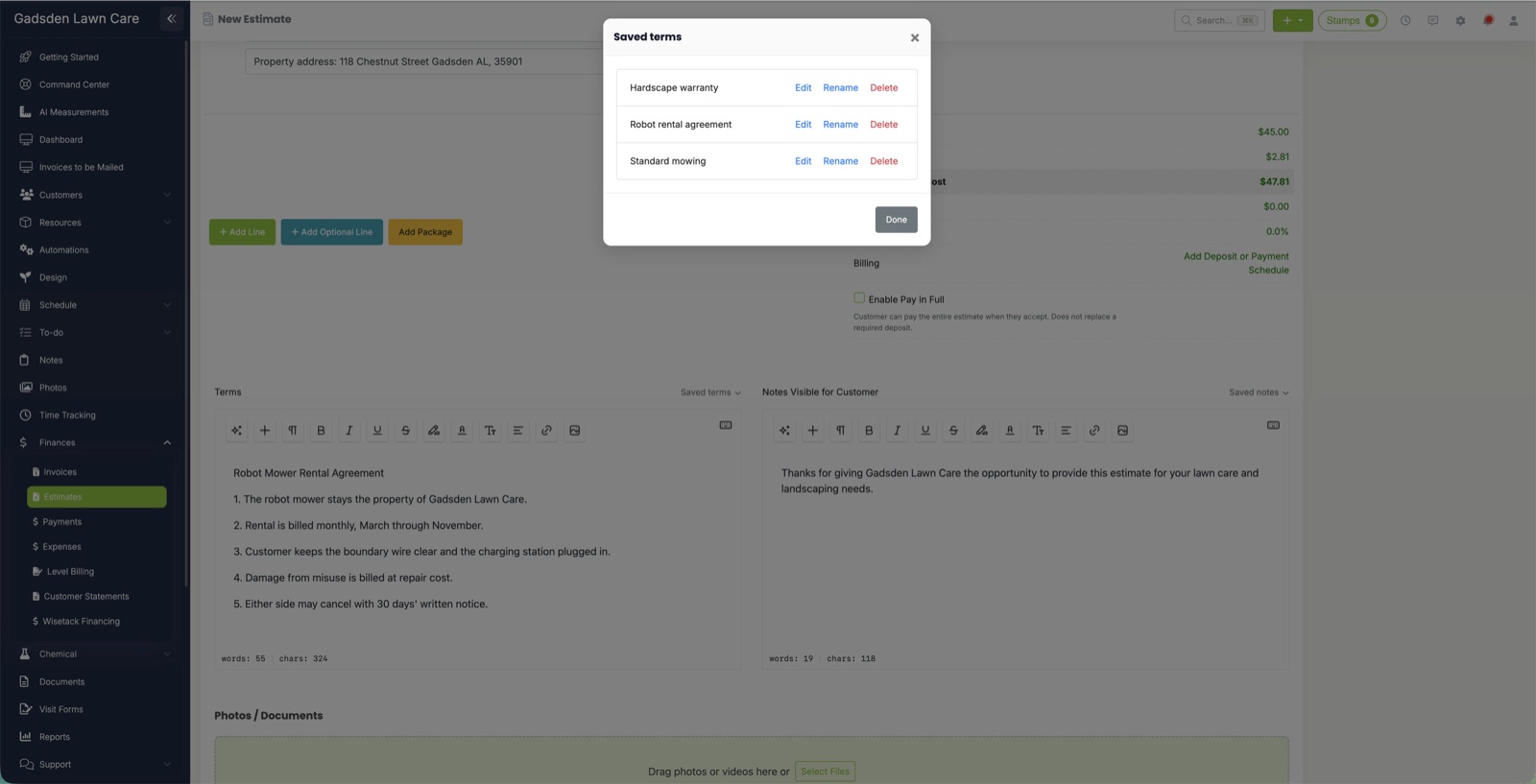The Saved terms list with Edit, Rename and Delete
