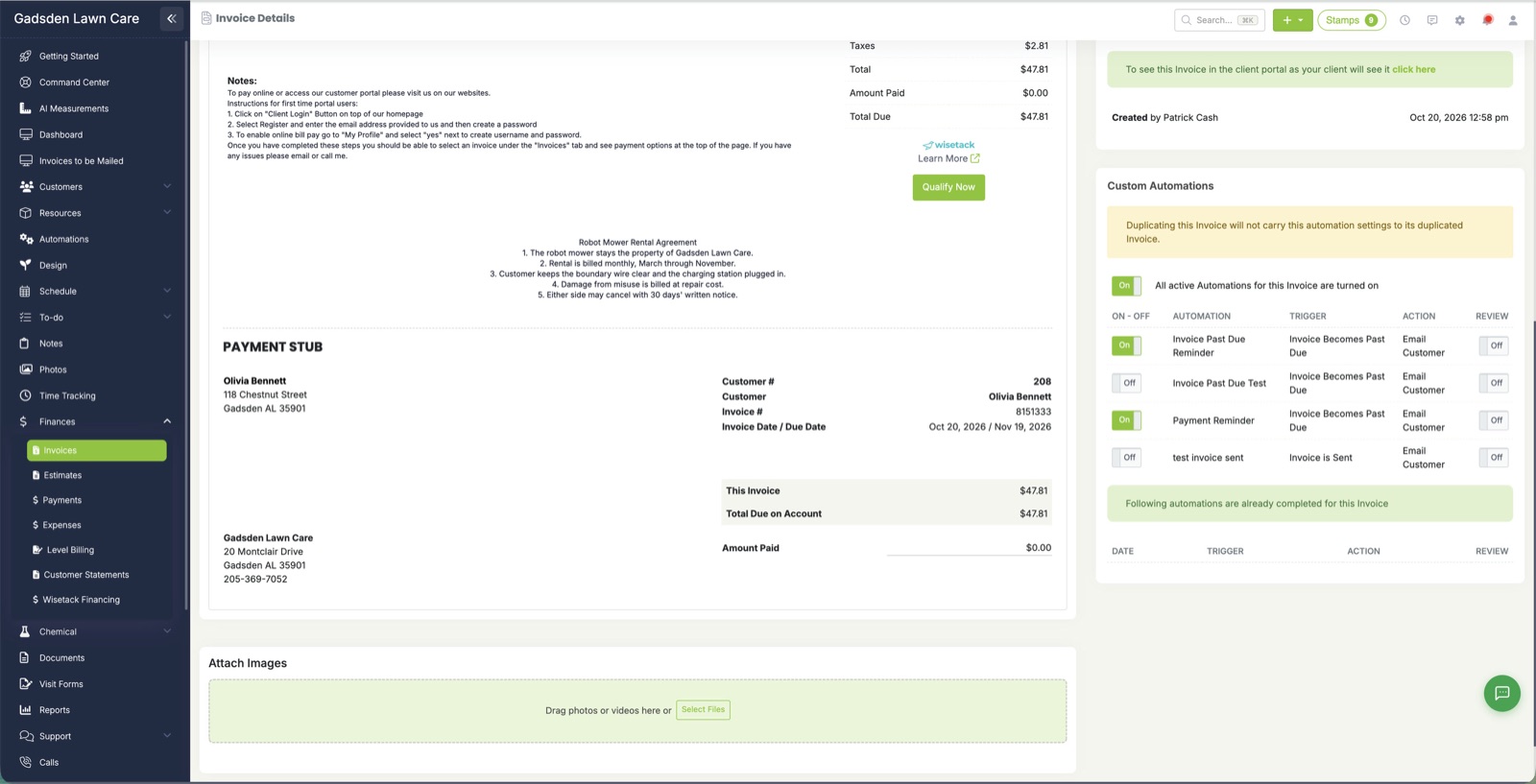An invoice showing the rental agreement carried over from the estimate